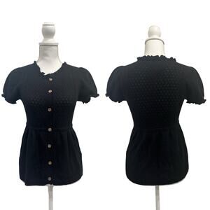 Juicy Couture Y2K Black Knit Puff Sleeve Peplum Babydoll Lettuce Trim Cardigan